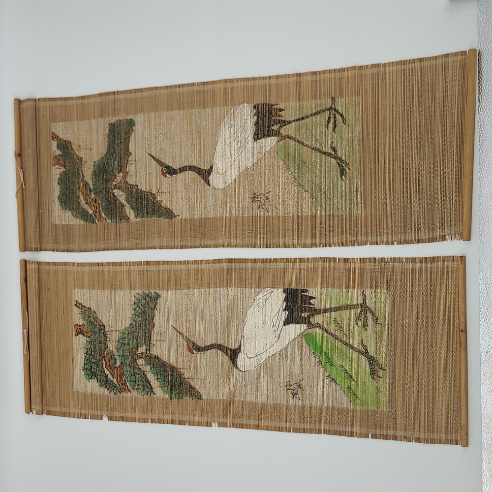 Set of 2 bamboo wall hangers with painted‎ cranes